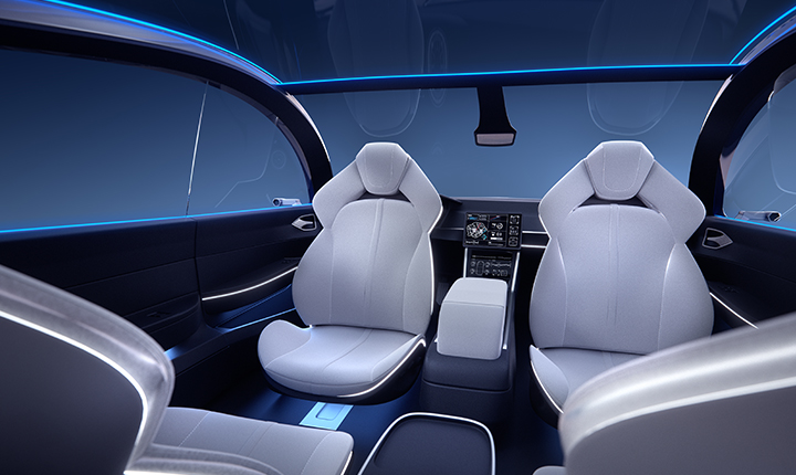 Interior of a future concept car with blue SCHOTT contour lighting