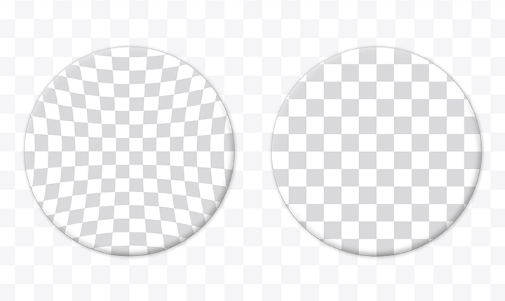 Ensemble de carrés gris et blancs inscrits dans deux cercles démontrant la différence d’image entre les lentilles sphériques et les lentilles asphériques
