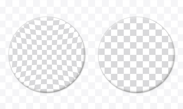 Diagram of two circles filled with grey and white squares showing the image difference between spherical and aspherical lenses