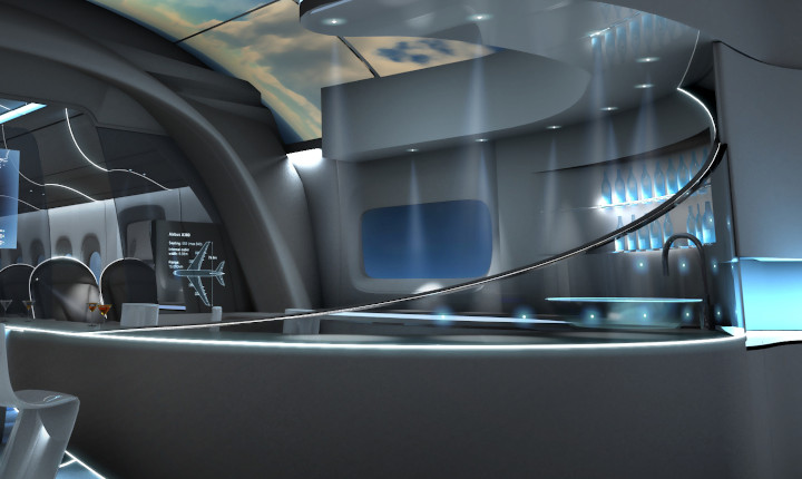 CGI image of an aircraft interior featuring SCHOTT® HelioFlex Spot Lights 	
