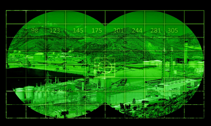 View of an industrial area seen through night vision glasses