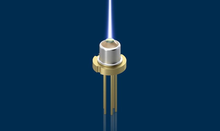 Illustration of an optical component emitting a clear blue laser beam from a glass lens