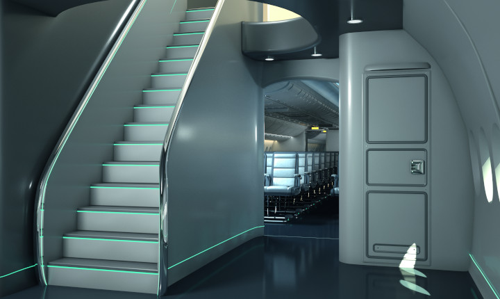 Silver and chrome stairway in an aircraft cabin with SCHOTT's mood lighting system
