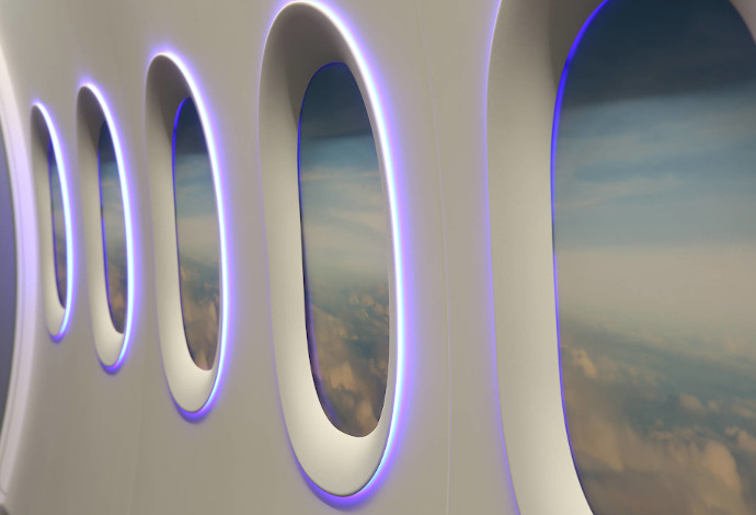 Window portal from the inside of an aircraft enhanced with SCHOTT's flexible fiber optic line lights