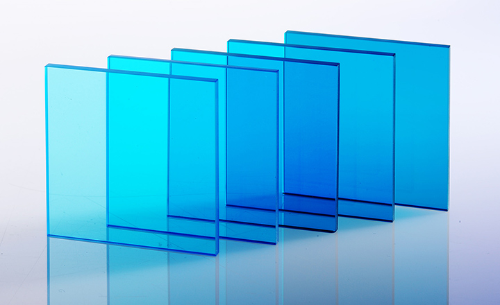 Row of blue glass filters