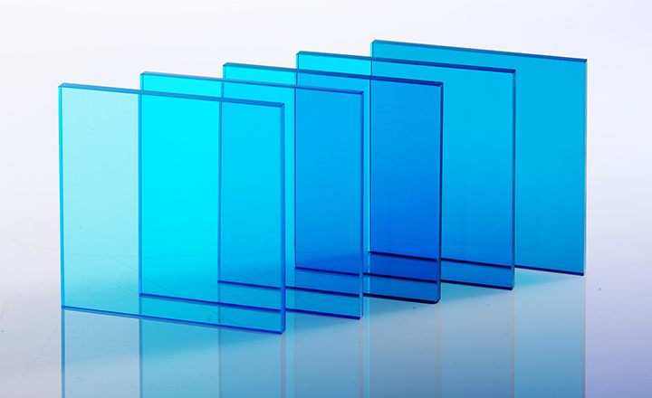 Row of blue glass filters