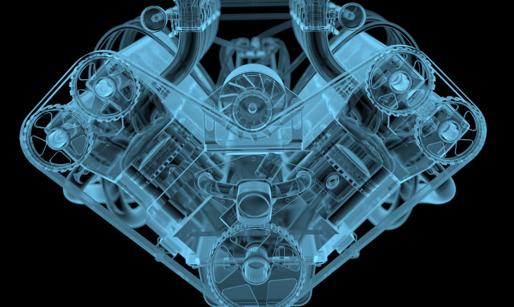 Blue x-ray image of a car engine