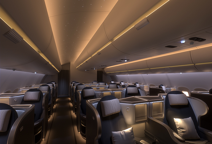 Interior of the first class section of an aircraft showing focused reading lights