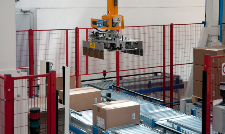 Parcels moving across an industrial production line
