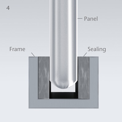 SCHOTT ROBAX® ガラスセラミックパネルがフレーム内にどのように収まるかを示す図