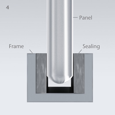 Schematische Darstellung, wie eine Scheibe aus SCHOTT ROBAX® Glaskeramik in einen Rahmen passt