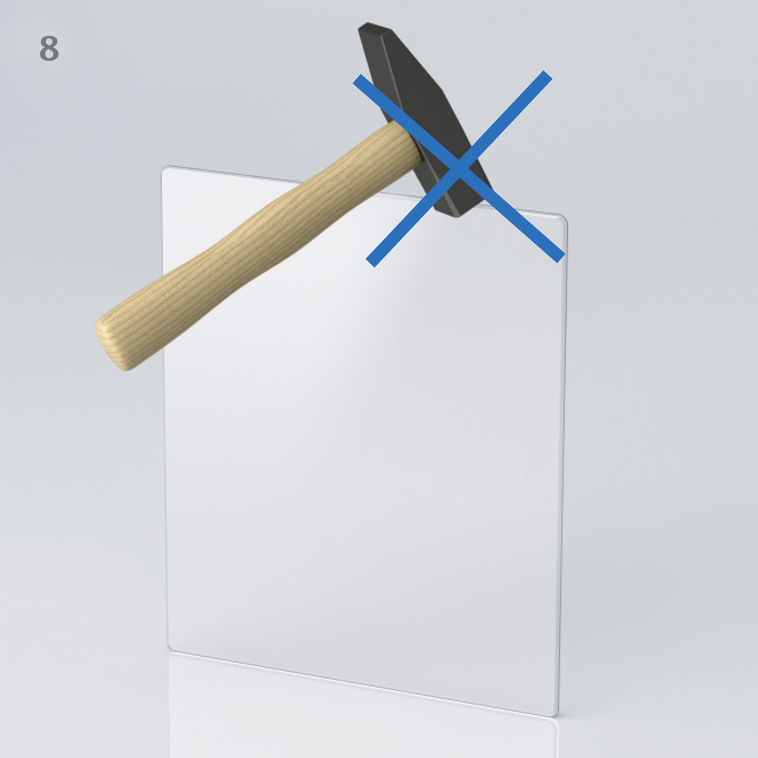 Abbildung eines Hammers, der auf eine Seite einer Glasscheibe trifft
