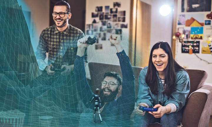 Young man and woman playing an augmented reality video game in a lounge