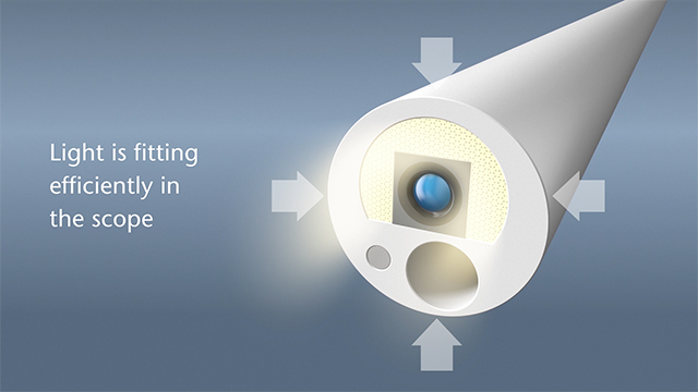 Cross-section of a SCHOTT® SingleEZ Guide showing how glass fibers fit around the camera