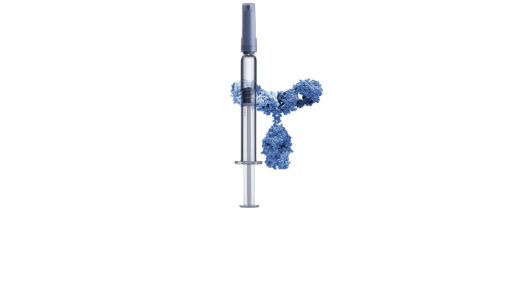 A clear glass syringes with complex molecule in background
