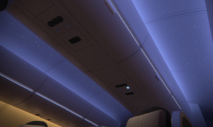 Ceiling of an aircraft cabin lit up with the SCHOTT® HelioFlex Star Ceiling lighting system