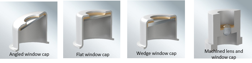 Cross sections of four transistor outline (TO) window caps