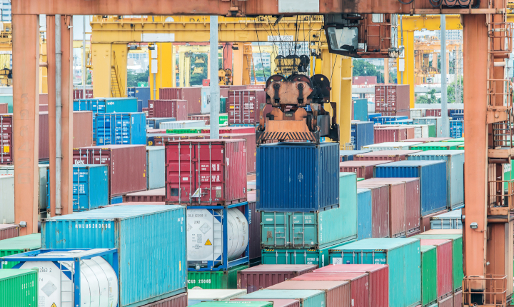 Container yard with stacks of colored crates