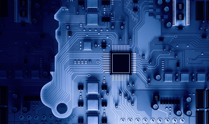 Blue circuit board with microchips