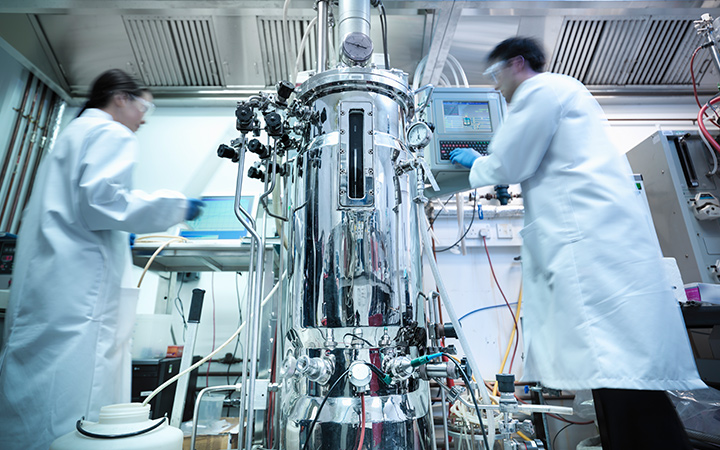 Científicos que trabajan en la producción de proteínas en un laboratorio junto a un biorreactor