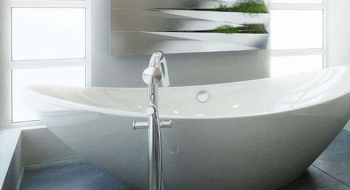 SCHOTT produce a range of glass products for the bathroom White modern bathroom with free-standing bath