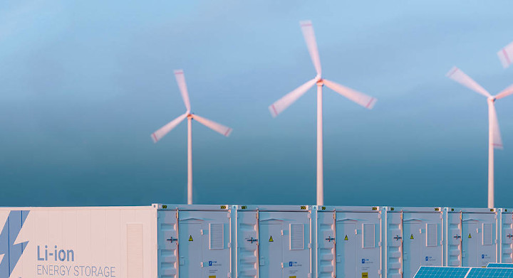 SCHOTT produces components and materials for batteries and capacitors involved in energy storage Series of large Li-Ion batteries underneath five wind turbines