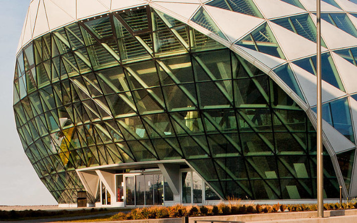 Exterior of an office building glazed with fire-resistant glass