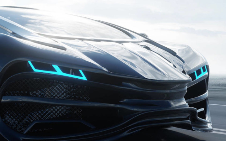 Black sports car with blue striped wheel alloys
