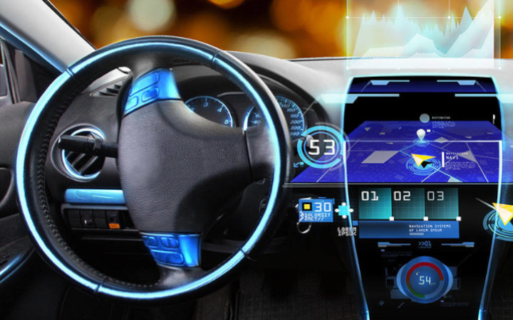 Dashboard and steering wheel of a vehicle fitted with glass displays, touchscreens and lighting