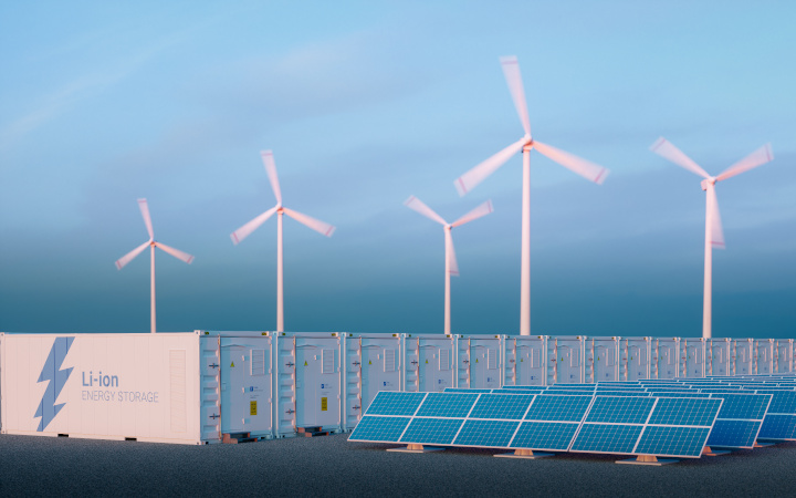 Series of large Li-Ion batteries underneath five wind turbines