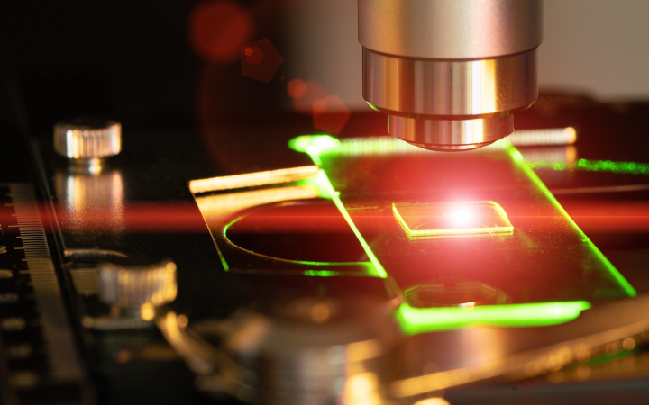 Glass slide examined by microscope with green and red light