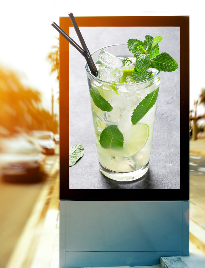 Outdoor digital display advertising a drink