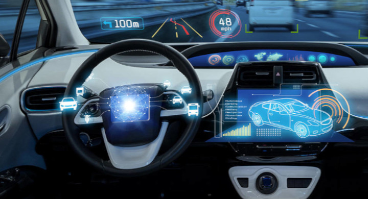 The performance of vehicle communication systems are improved with SCHOTT products and components Interior of a vehicle showing the dashboard outlined in blue contour light