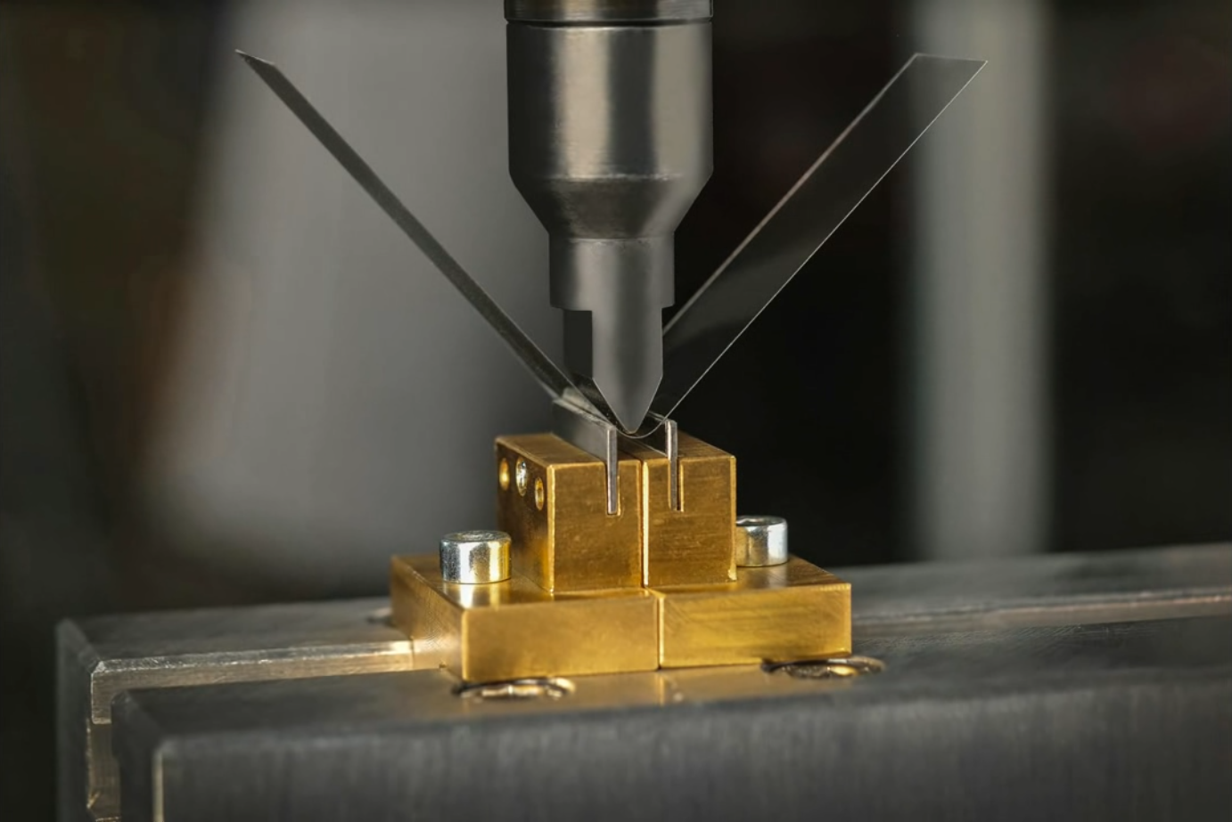 Material testing equipment conducting a three-point bending test on a sample of glass
